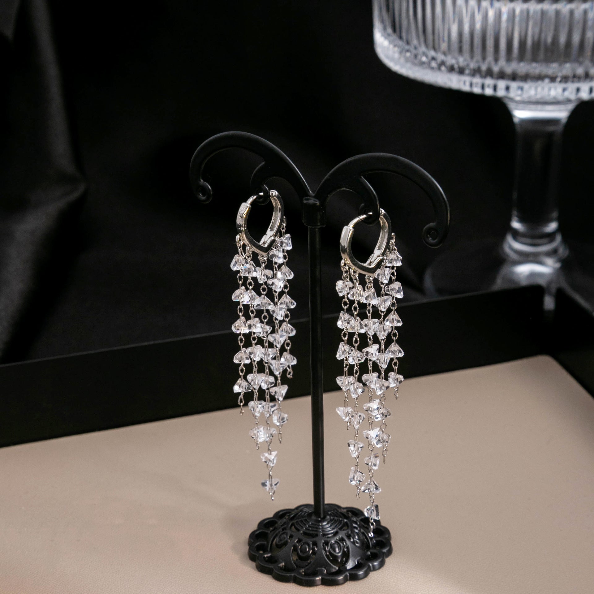 Wholesale Black Crystal Tassel Copper Earrings